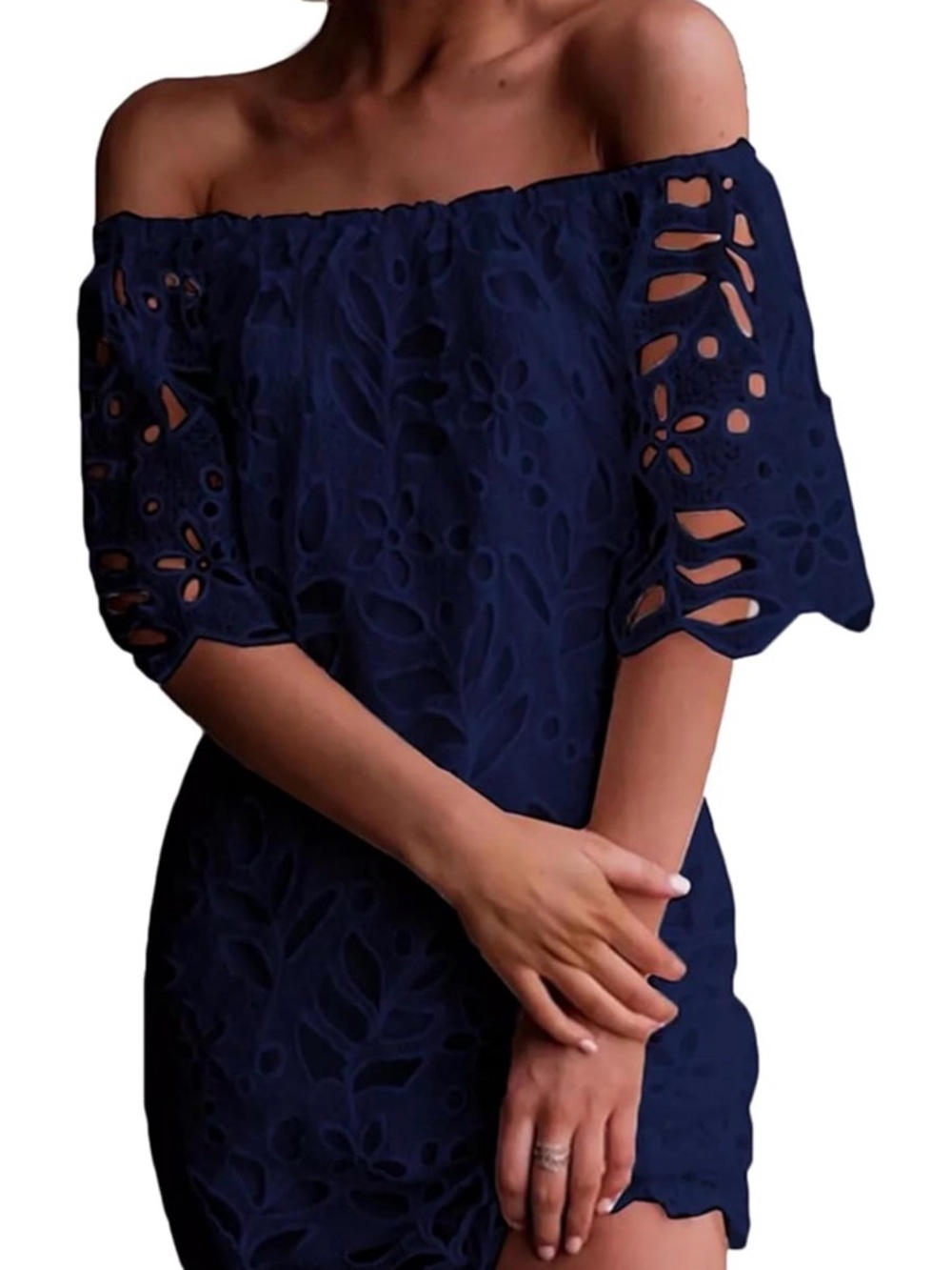 Off-Shoulder Eyelet Lace Dress - Navy